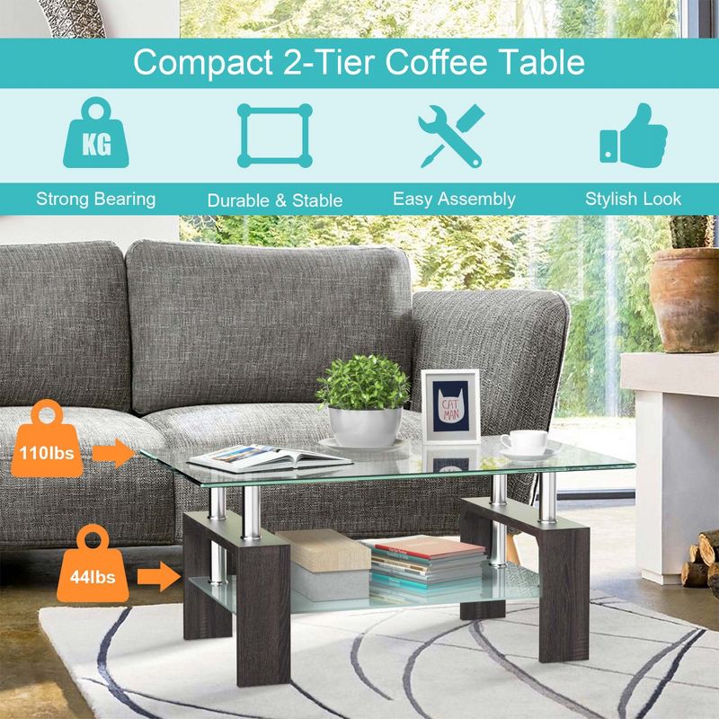 Costway Rectangle Glass Coffee Table Metal Legs End Table Livingroom White\Black\Coffee\Nature, 4 of 11