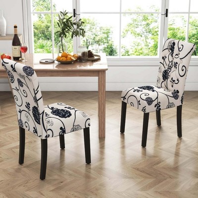 Set of 2 High Back Black and White Linen Upholstered Dining Chairs
