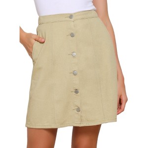 Allegra K Women's Elastic Back Short Button Down Denim Skirts with Pockets - 1 of 4