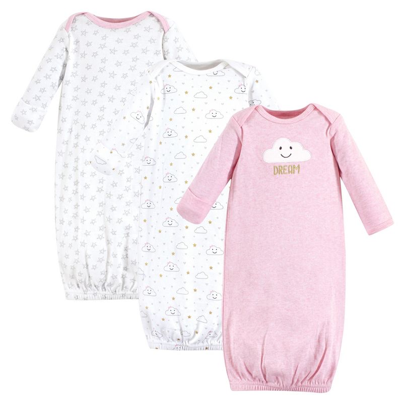 Hudson Baby Infant Girl Cotton Long-Sleeve Gowns 3pk, Pink Clouds, 0-6 Months, 1 of 3