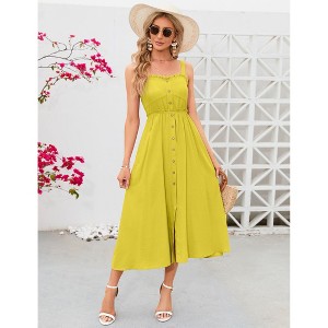 Clearlove Women's Casual Summer Midi Dress Spaghetti Strap Button Down Sleeveless A-Line Beach Swing Sundress - 1 of 4