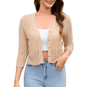 Women's Lightweight Crochet Cardigan 3/4 Sleeve Cropped V Neck Button Shrug Knit Sweater Tops - 1 of 4