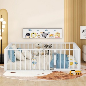 Full Size Metal Floor Bed Frame with Fence and Door - 1 of 4