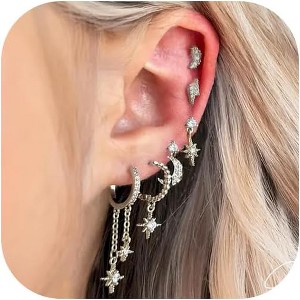 6-Pair Gold Chain Earrings Set - Plated Hoop Stack with Ear Cuffs & Studs, Hypoallergenic for Multiple Piercings - 1 of 4