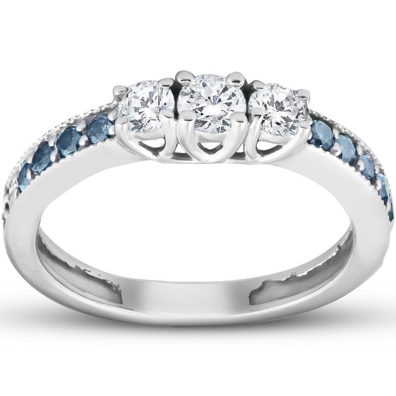 Pompeii3 1/2 Ct Blue & White Diamond Three Stone Engagement Anniversary Ring White Gold, 1 of 5