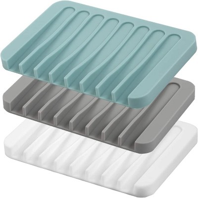 BRINJOY 3-Pack Silicone Soap Dish - Flexible Non-Slip Self Draining Soap Tray for Bathroom Kitchen