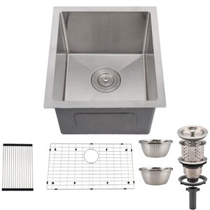 GustoWave Undermount Kitchen Sink, Stainless Steel Single Bowl Sink with Basket Strainer, Dish Drying Rack, Drain Basin Bowl, Silver - 1 of 4
