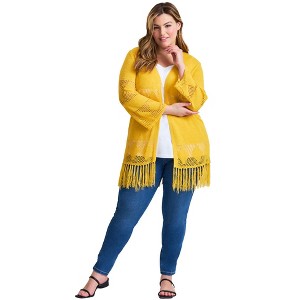 Avenue Women's Plus Size Pointelle Fringe Cardigan - 1 of 4