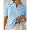 Women's Cable Short Sleeve Sweaters Tops Solid Lapel V Neck Cable Knit Casual Soft Pullover Shirt - 2 of 4
