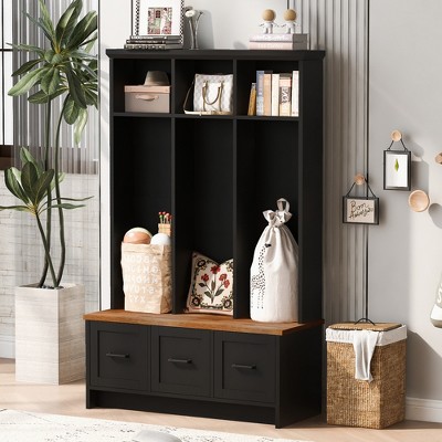 TIRAMISUBEST Modern Hall Tree with Entryway Bench, 3 Shelves and Drawers, 40.2'' Wide Hall Tree with Storage Bench for Hallway, Entryway, Living Room