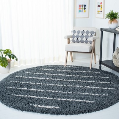 Ivory and Dark Grey Hand-Knotted Shag Round Area Rug