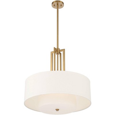 Warm Brass Double Drum Pendant Light with Linen Shade