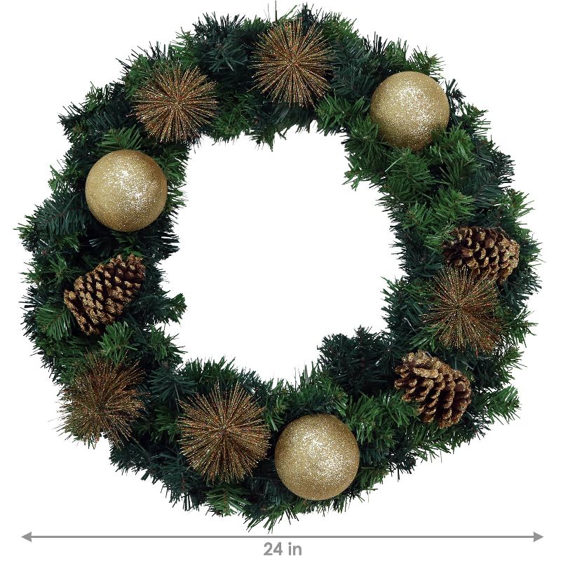 Sunnydaze Indoor/Outdoor Artificial Unlit Christmas Holiday Wreath with Golden Baubles and Pinecones - 24" - Green, 3 of 7