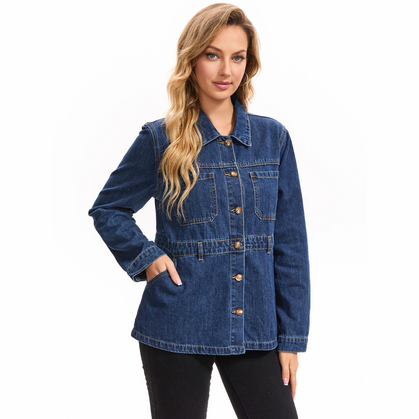 Женская куртка INSPIRE CHIC Denim Distressed Button Down Long Sleeve Jean Jacket Large Dark Blue, цвет: Джинсовый — фото 2