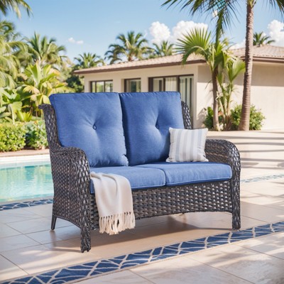 Buenhomino Outdoor Patio Couch Wicker Sofa Loveseat- 2 Seater Rattan Sofa for Outside Patio Garden with Deep Seating and Olefin Cushions