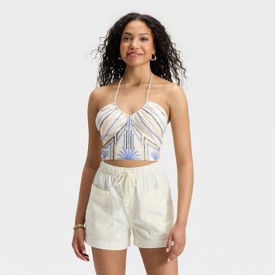 Women's Embroidered Halter Top - Universal Thread™ Blue