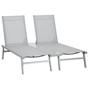 Outsunny Chaise Lounge Pool Chairs, Conjoined Set of 2 Outdoor Sun Tanning Chairs with 5-Position Reclining Back, Shelf & Breathable Mesh, Light Gray - 1 of 4
