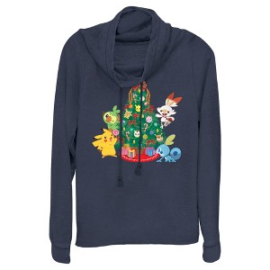 Juniors Womens Pokemon Christmas Tree Friends Cowl Neck Sweatshirt - 1 of 4