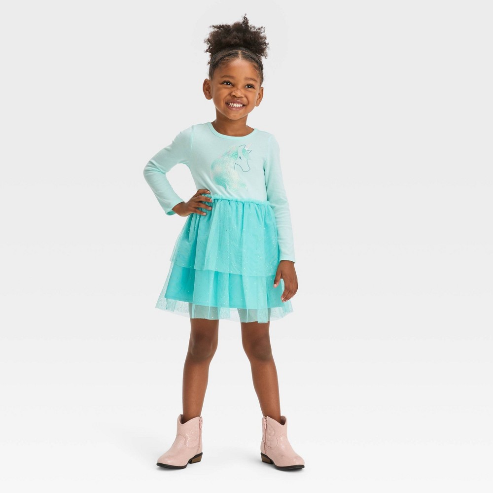 Toddler Girls' Unicorn Long Sleeve Dress - Cat & Jack™ Aqua Blue 2T -  88539467