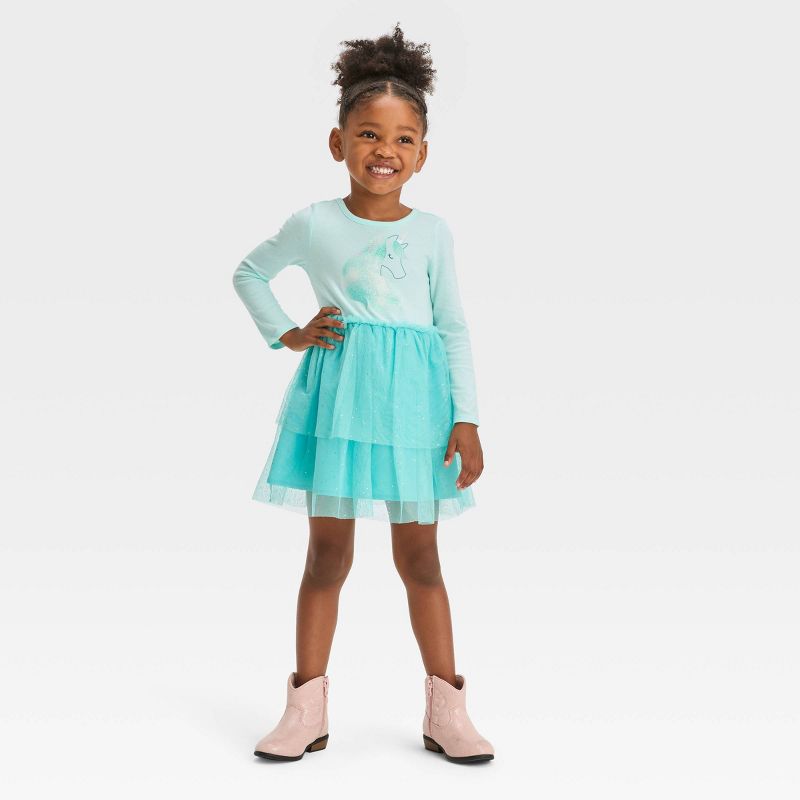 Toddler Girls' Unicorn Long Sleeve Dress - Cat & Jack™ Aqua Blue, 1 of 7