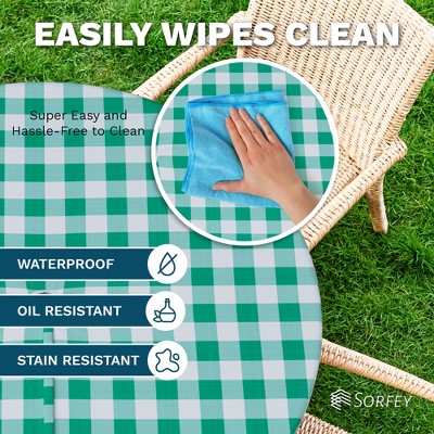 Blue Checkered Vinyl Round Fitted Tablecloth with Umbrella Hole