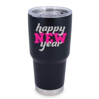 100 North 30 Ounce Stainless Steel On the Go Travel Tumbler With Push Top Lid, Happy New Year Black