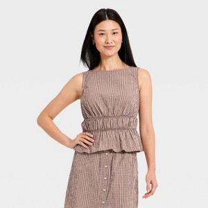 Women's Seersucker Peplum Top - A New Day™ Brown Gingham S : Target