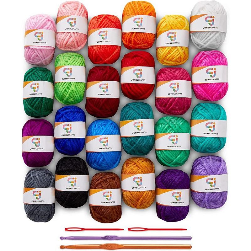 JumblCrafts 24-Yarn Crochet and Knitting Starter Kit with 2 Crochet Hooks and 2 Weaving Needles 24 Assorted Colors Acrylic Yarn Skein, 1 of 7
