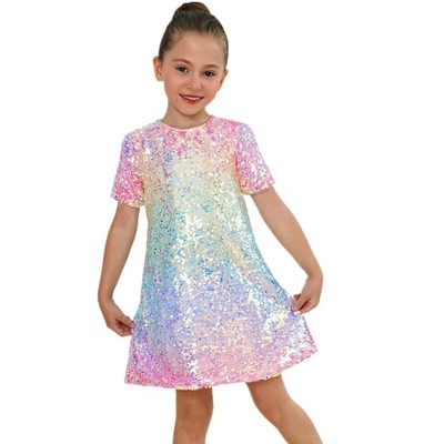2Bunnies Girls' Ombre Sequin Short Sleeve Dress