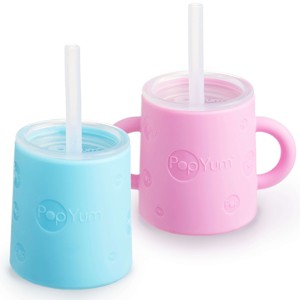 PopYum Silicone Training Cup with Straw Lid 2-Pack for Baby, Infant and Toddler, Tumbler, Sippy, handles, 5 ounce (blue, pink) - 1 of 4