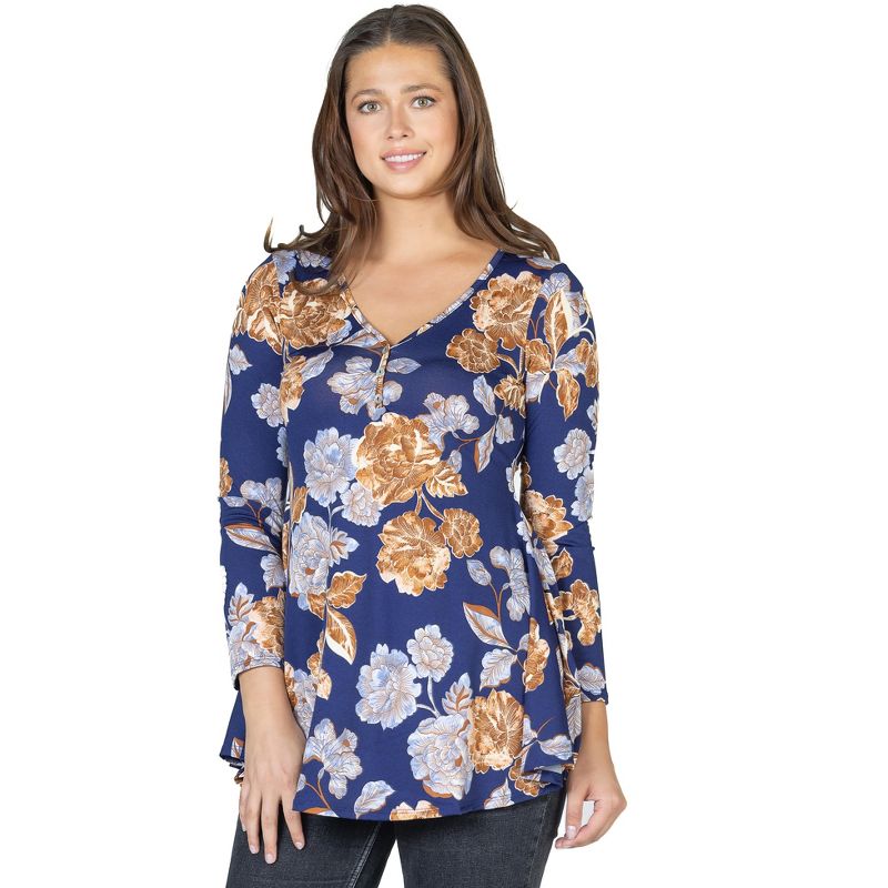 24seven Comfort Apparel Womens Blue Floral Long Sleeve V Neck Tunic Top, 2 of 5