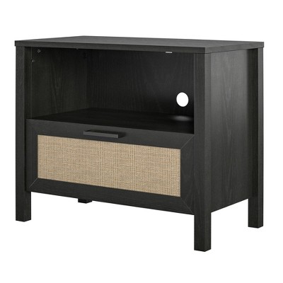 Black Oak and Faux Rattan 1-Drawer Nightstand with Steel Handle