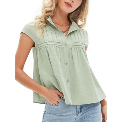 EXLURA Women's 2025 Summer Cap Sleeve Tops Loose Button Down Dress Shirt Casual V Neck Pleated Textured Work Blouse