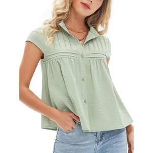 EXLURA Women's 2025 Summer Cap Sleeve Tops Loose Button Down Dress Shirt Casual V Neck Pleated Textured Work Blouse - 1 of 4