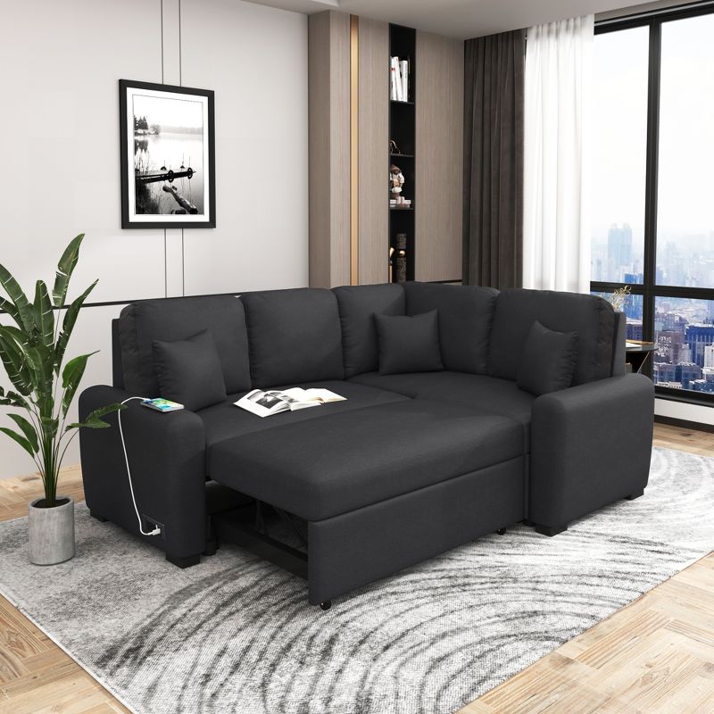 87.4" L Shaped Sectional Sofa Bed with USB Charging Ports and Plugs, Pull-Out Sofa Bed with 3 Pillows - ModernLuxe, 2 of 14