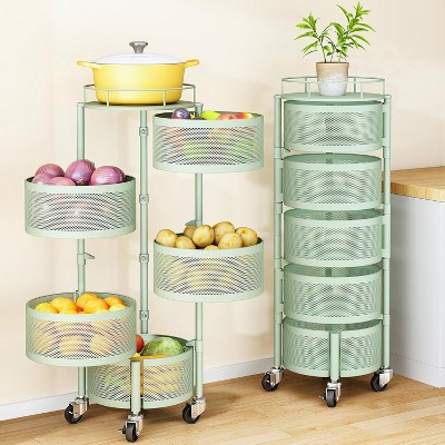 Fruit and Vegetable Basket Bowls for Kitchen with Metal Top Lid, 5 Tier Rotating Storage Rack Cart