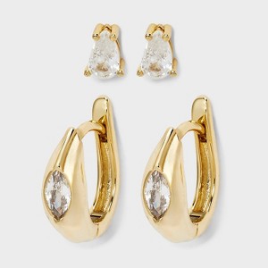 14K Gold Dipped Cubic Zirconia Gem Huggie Hoop and Stud Earring Set 2pc - A New Day™ Gold - 1 of 3