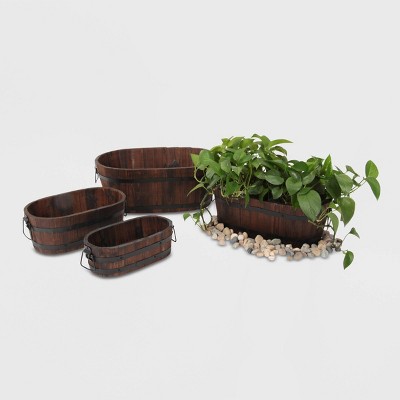 4pc Barrel Style Oval Wooden Planters Brown - Leisure Season