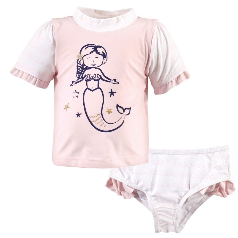 Hudson Baby Infant and Toddler Girl Swim Rashguard Set, Pink Mermaid, 1 of 6