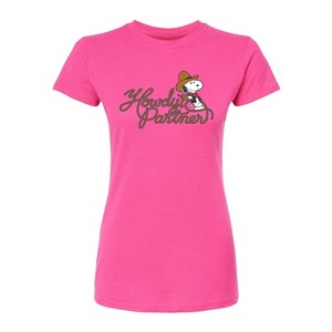 Women's - Peanuts - Howdy Partner Snoopy -Juniors Fitted Short Sleeve Graohic T-Shirt Fitted Graphic T-Shirt - 1 of 3
