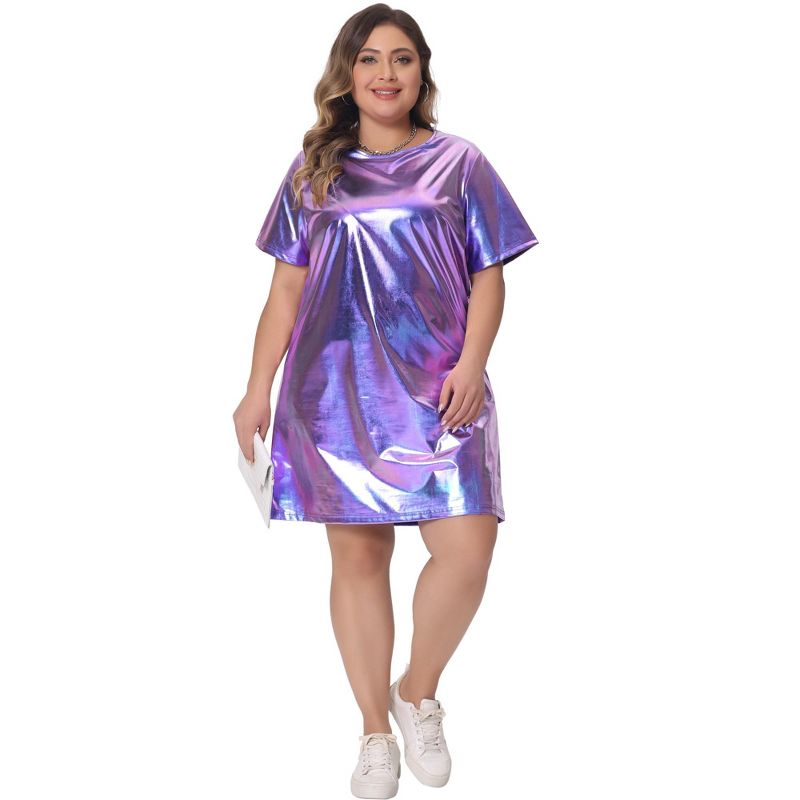 Agnes Orinda Women's Plus Size Metallic Round Neck Short Sleeve Party Loose Mini T-Shirt Dress, 3 of 6