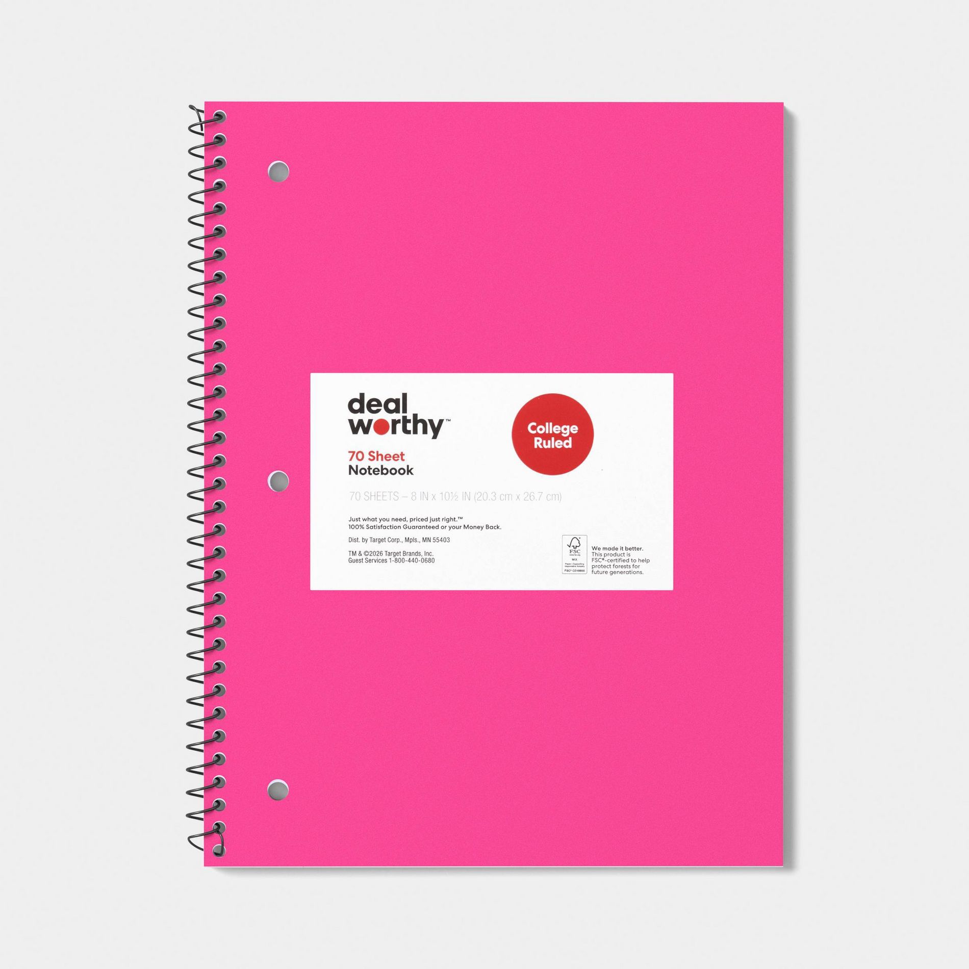 College Rule 1 Subject 7.5"x10.5" Spiral Notebook Pink - Dealworthy™