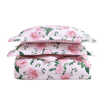 Twin Pink Cotton Floral Duvet Cover Set with Sham