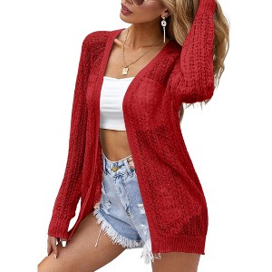Womens Summer Lightweight Cardigan Long Sleeve Open Front Loose Beach Crochet Cover Up - 1 of 2