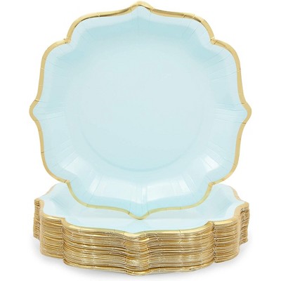 Sparkle and Bash 48 Pack Light Blue Paper Party Plates with Gold Foil Scalloped Edging (9 In)