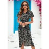 Coolmee Women's Boho Floral Dress V Neck Short Sleeve Ruched Bodycon Dress High Wsaist With Hem Beach Dress Tied - 3 of 4