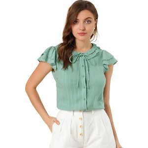 Allegra K Women's Ruffle Sleeve Tie Neck Button Front Flounce Neck Cotton Work Blouse - 1 of 4