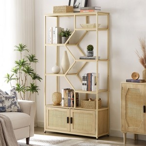 SeaCamel Natural 7-Tier Rattan Bookshelf - Storage Rack with Cabinet for Living Room & Home Office - 1 of 4