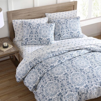 Caldecott Blue Cotton Sateen Full/Queen Duvet Cover Set