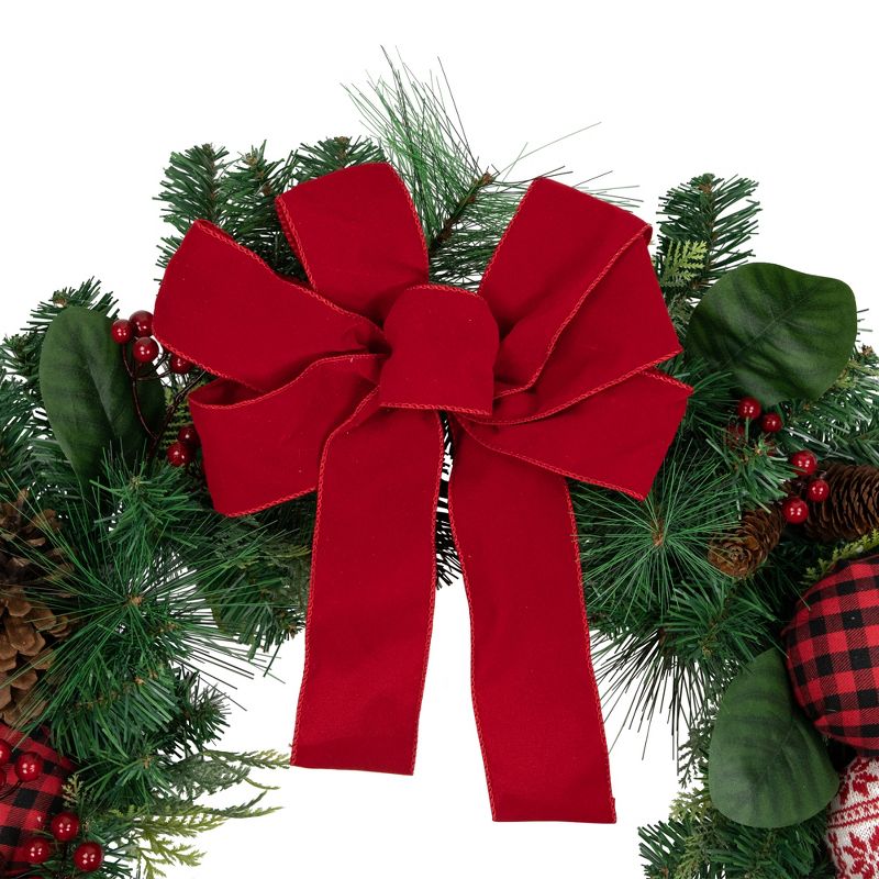 Northlight Red Bow and Mixed Foliage Artificial Christmas Wreath with Ornaments, 30-Inch, 4 of 6